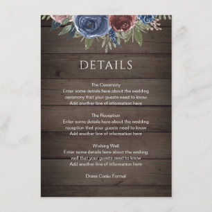 Burgundy and Navy Blush Floral Rustic Wood Wedding Enclosure Card