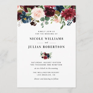 burgundy and navy, blush roses wedding invitation