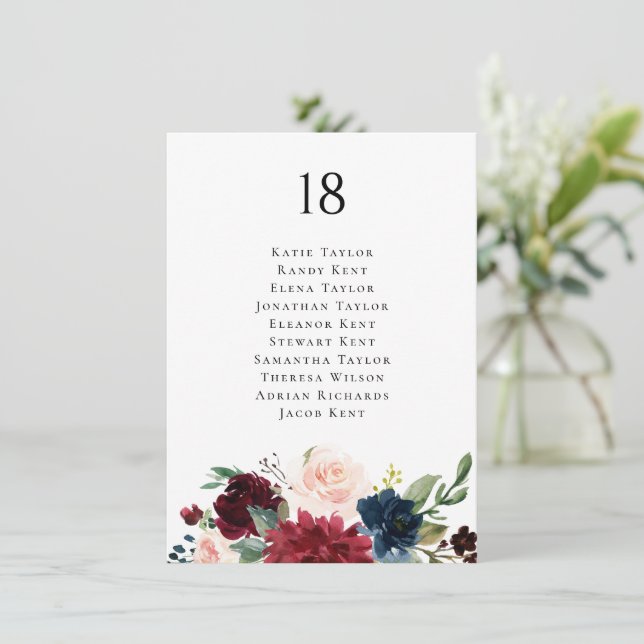 Burgundy and Navy Botanical Wedding Seating Card (Standing Front)