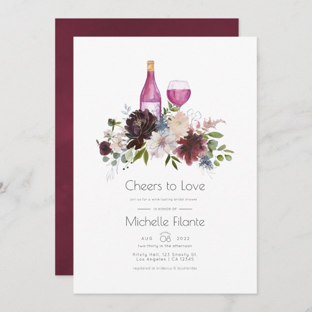 Burgundy and Navy Bridal Shower Wine Tasting Invitation (Front/Back)