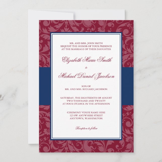 Burgundy and Navy Damask Swirl Wedding Invitations (Front)