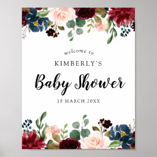 Burgundy and navy floral baby shower welcome sign