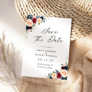 Burgundy and Navy Floral Save The Date Card