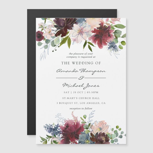 Burgundy and Navy Floral watercolor Wedding Magnetic Invitation (Front/Back)