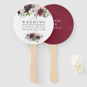 Burgundy and Navy Floral Wedding Favour Hand Fan