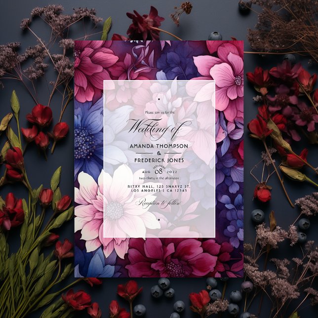 Burgundy and Navy Floral Wedding Invitation (Creator Uploaded)