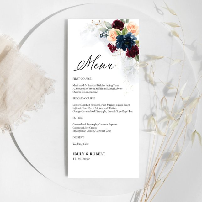Burgundy and Navy Floral Wedding Menu (Creator Uploaded)