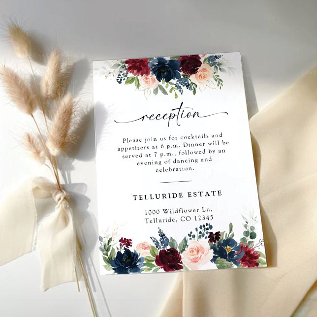 Burgundy and Navy Floral Wedding Reception Card (Creator Uploaded)