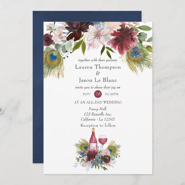Burgundy and Navy Peacock Wine Themed Wedding Invitation (Front/Back)