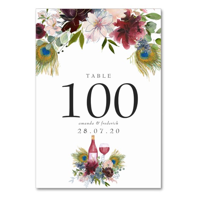Burgundy and Navy Peacock Wine Themed Wedding Table Number (Front)