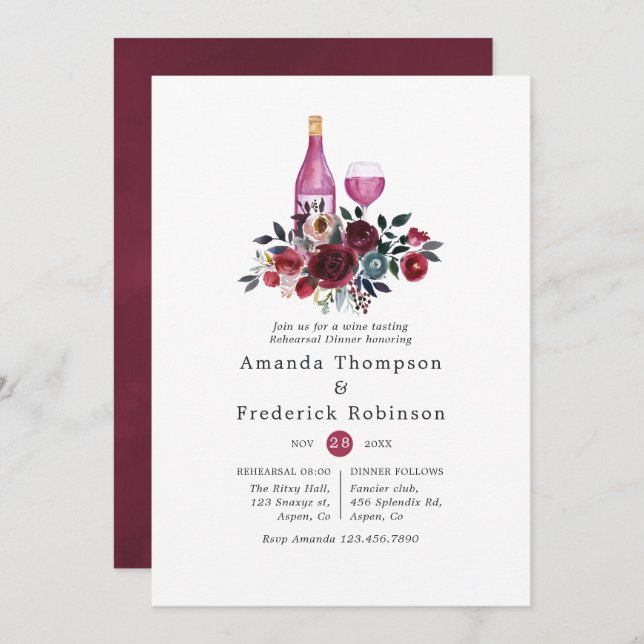 Burgundy and Navy Rehearsal Dinner Wine Tasting Invitation (Front/Back)