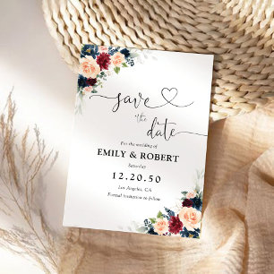 Burgundy and Navy Save The Date Cards
