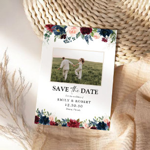 Burgundy and Navy Save The Date with Photo Card