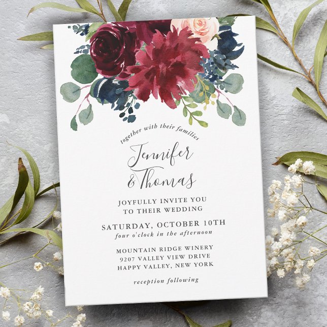 Burgundy and Navy Watercolor Floral Wedding Invitation (Creator Uploaded)