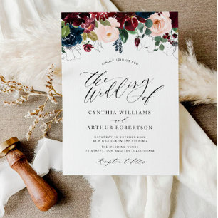 Burgundy and navy watercolor flowers wedding invitation