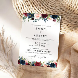 Burgundy and Navy Wedding Ceremony Invitation