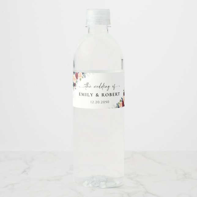 Burgundy and Navy Wedding Water Bottle Label (Front)