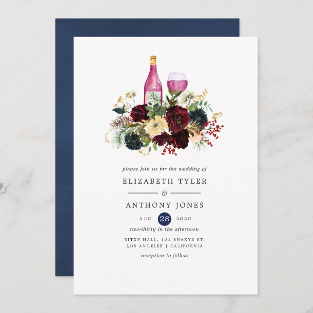 Burgundy and Navy Wine Christmas Floral Wedding Invitation (Front/Back)