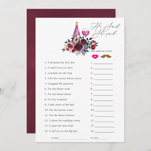 Burgundy and Navy Wine Tasting Bridal Shower Game Invitation (Front/Back)