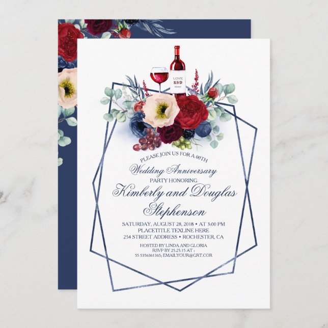 Burgundy and Navy Wine Tasting Wedding Anniversary Invitation (Front/Back)
