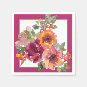 Burgundy and orange fall watercolor flowers napkin