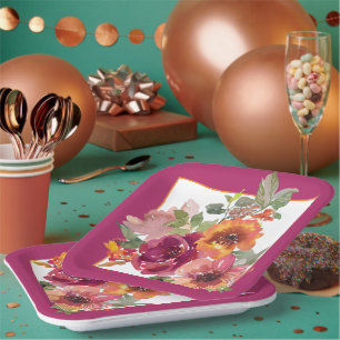 Burgundy and orange fall watercolor flowers  paper plate