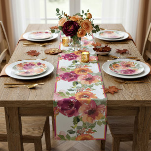 Burgundy and orange fall watercolor flowers short table runner
