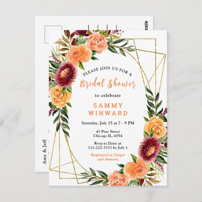 Burgundy and Orange Flowers Bridal Shower Postcard (Front/Back)