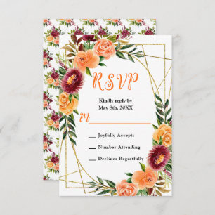 Burgundy and Orange Flowers Wedding RSVP Card