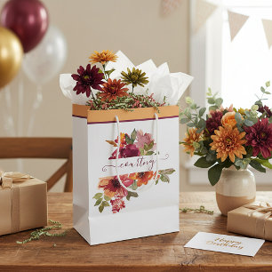 Burgundy and orange watercolor floral personalised medium gift bag