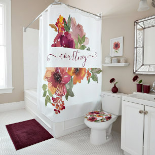 Burgundy and orange watercolor floral personalised shower curtain