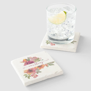 Burgundy and orange watercolor floral personalised stone coaster