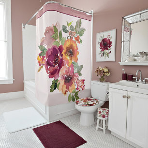 Burgundy and orange watercolor floral shower curtain