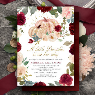 Burgundy and Peach Floral Pumpkin Baby Shower Invitation