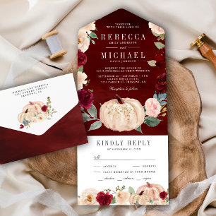 Burgundy and Peach Floral Pumpkin Wedding All In One Invitation
