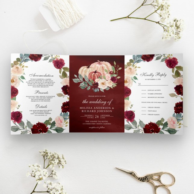 Burgundy and Peach Floral Pumpkin Wedding Tri-Fold Invitation (Creator Uploaded)