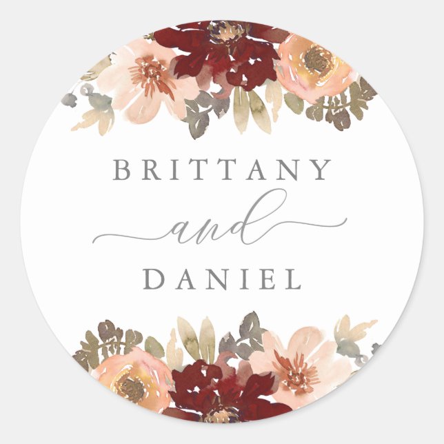 Burgundy and Peach Floral Wedding Classic Round Sticker (Front)