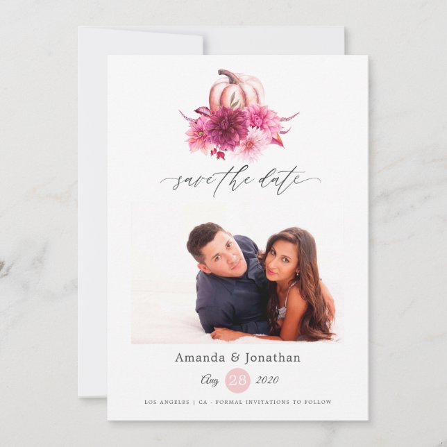 Burgundy and Pink Autumn Fall Photo Wedding Save The Date (Front)