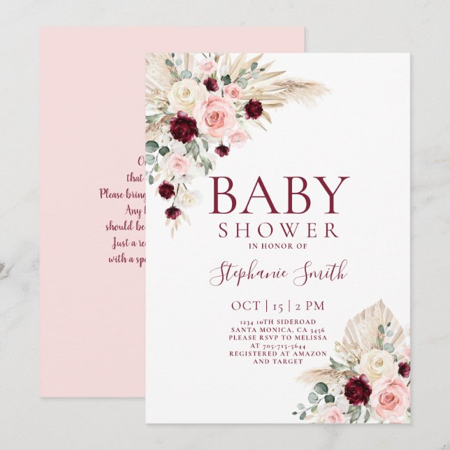 Burgundy and Pink Baby Shower Girl Invitation (Front/Back)
