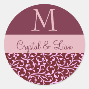 BURGUNDY and PINK Damask Wedding Monogram Classic Round Sticker