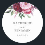 Burgundy and Pink Elegant Floral Wedding Classic Round Sticker<br><div class="desc">Easily personalise your wedding stickers with this editable template. Features minimalist elegant typography design with burgundy and pink watercolor floral.</div>