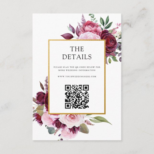 Burgundy and Pink Elegant Floral Wedding Enclosure Card (Front)
