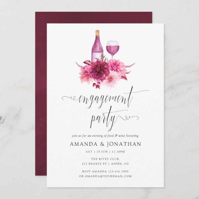 Burgundy and Pink Engagement Party Wine Tasting Invitation (Front/Back)