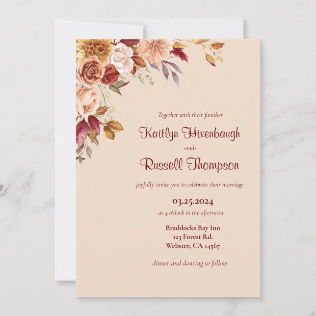 Burgundy and Pink Fall floral Wedding Invitation (Front)