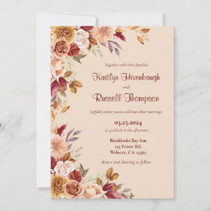Burgundy and Pink Fall floral Wedding Invitation
