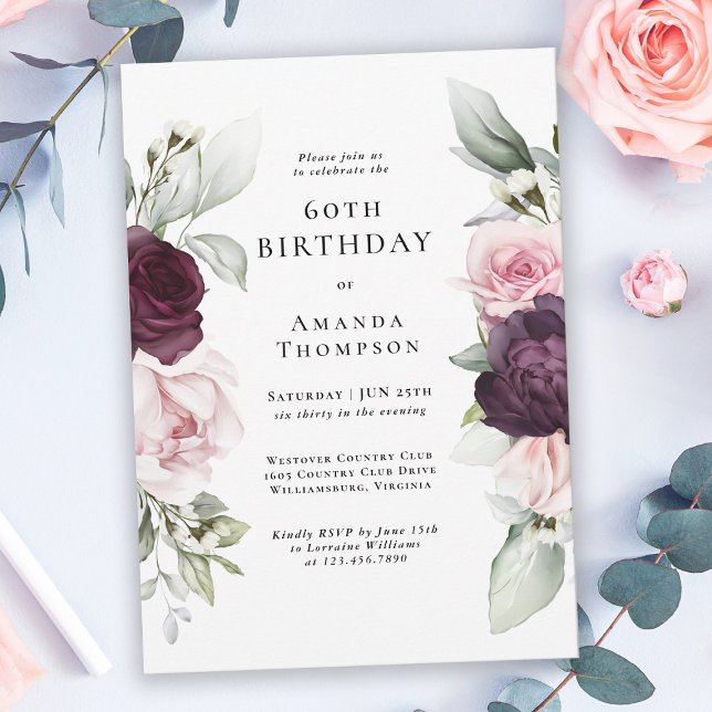 Burgundy and Pink Floral 60th Birthday Invitation (Creator Uploaded)
