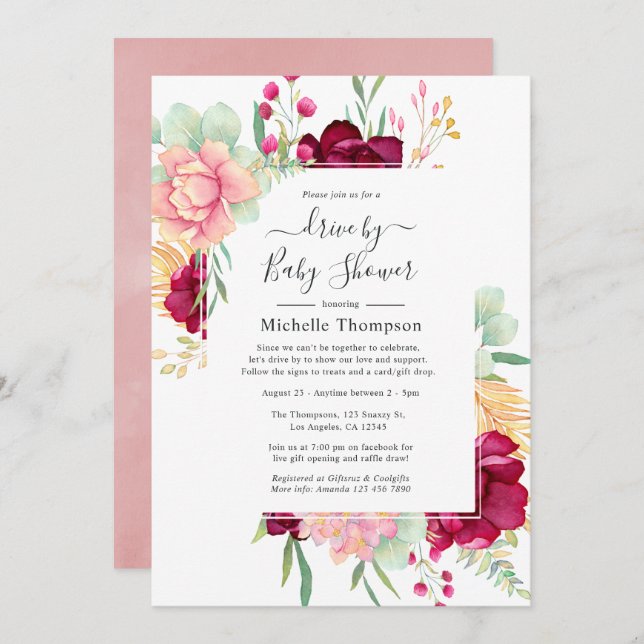 Burgundy and Pink Floral Drive By Shower Invitation (Front/Back)