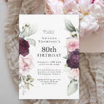 Burgundy and Pink Floral Elegant 80th Birthday Invitation<br><div class="desc">Celebrate a special milestone birthday with this beautiful party invitation with featureing floral borders in burgundy and pink roses on each side of the elegantly placed text. Colours include pale blush pink, deep burgundy red and plum mixed with ethereal greenery and tiny white accent flowers. Personalise the text template with...</div>