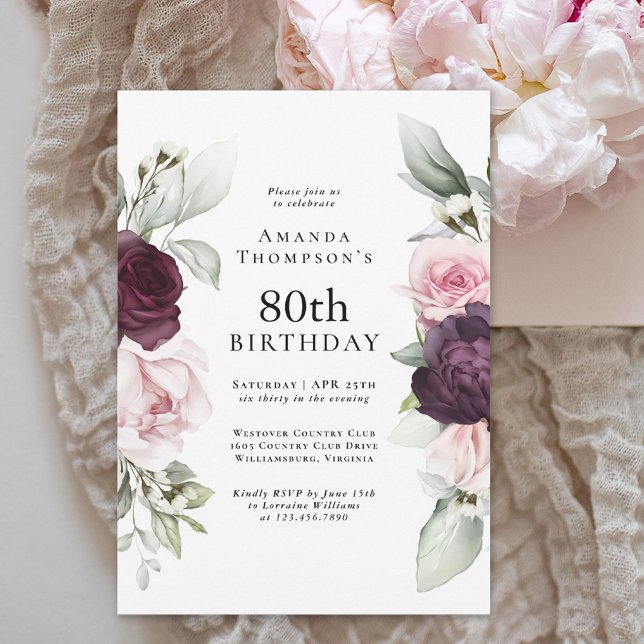 Burgundy and Pink Floral Elegant 80th Birthday Invitation (Available as both printed and paperless digital download!)
