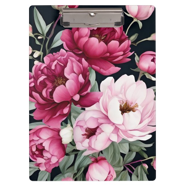 Burgundy and Pink Floral on Black Clipboard (Front)